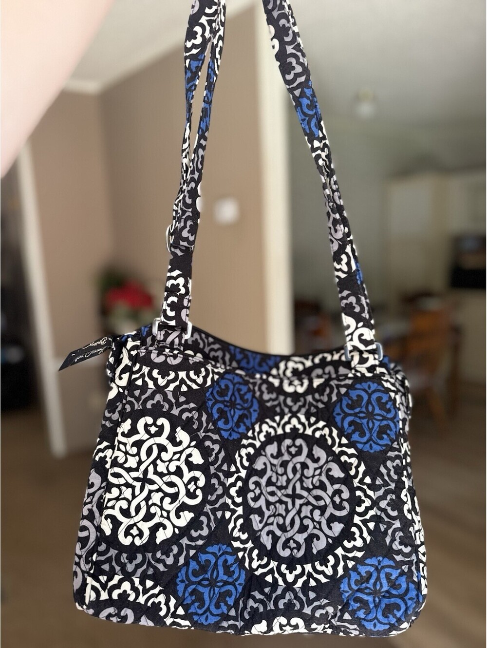 Vera Bradley Geometric Shoulder Bag Black Blue White w/ Zip & Inner Pockets